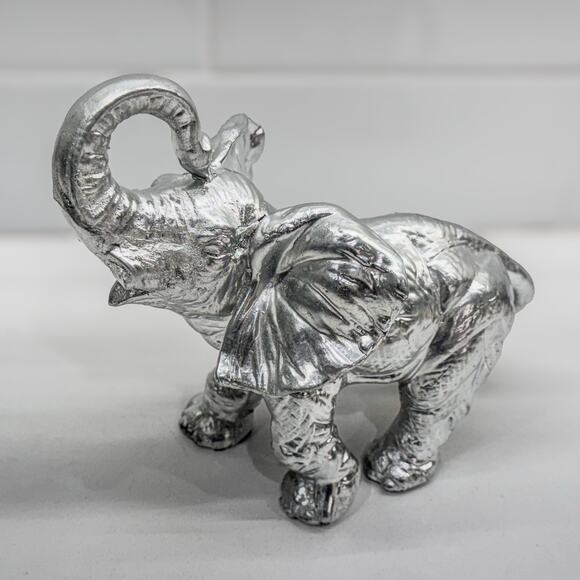 Good Luck Elephant Figurine, Trunk Upward, Silver- Painted Resin, 6.25” Tall - Picture 3 of 9